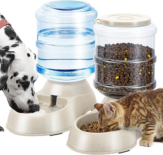 2 Pack Automatic Cat Feeder and Water Dispenser in Set Pet Food Bowl for Small Medium Dog Pets Puppy Kitten Big Capacity 1 Gallon x 2 (Cream) - PAWPICO