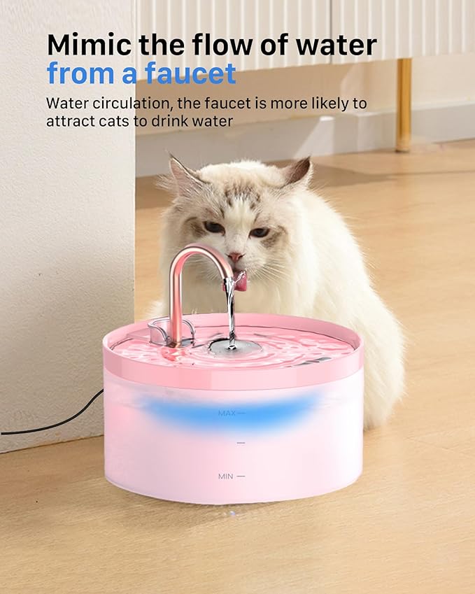 Cat Water Fountain with Tap Shape: 3.2L Cat Fountain for Cats - Super Quiet Water Pump - Filters Hair - Easy Disassembly - 6 Filters + 3 Foam Filters - Pink Cat Fountains for Drinking - PAWPICO