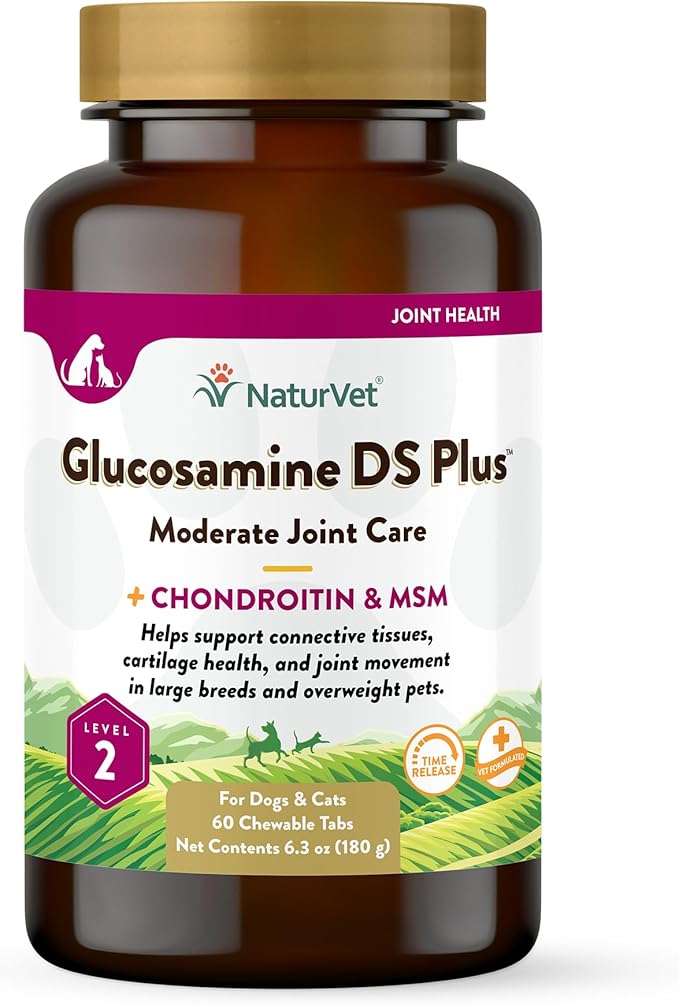 NaturVet Glucosamine DS Plus Level 2 Moderate Care Joint Support Supplement for Dogs and Cats, Chewable Tablets Time Release, Made in The USA, 60 Count NaturVet