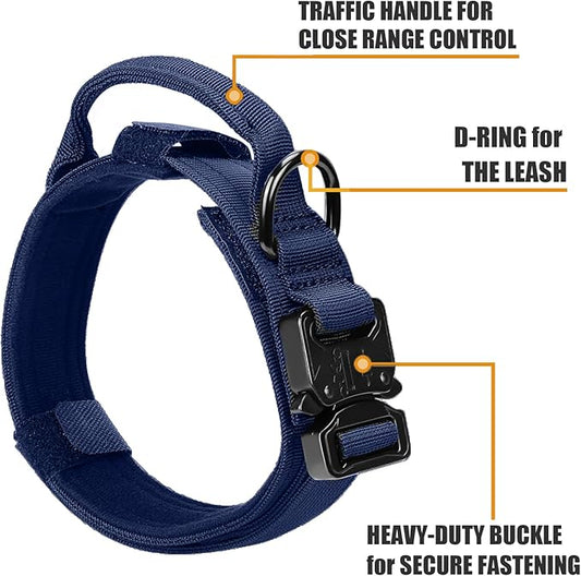 Tactical Dog Collar and Bungee Leash,Military Dog Collar & Leash Set with USA American Flag Adjustable K9 Collar with Heavy Duty Metal Buckle & Handle,with Patches and Airtags Case (Blue, L) Celifelight