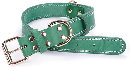 Dog Collar, Genuine Leather Dog Collar, Heavy Duty Dog Collar, Wide Dog Collar for Small Dog, Medium Dog, Large Dog and Extra Large Dog (M: 1" Wide for 15.2"-19.2" Neck, Dual Stitch - Green) DAIHAQIKO