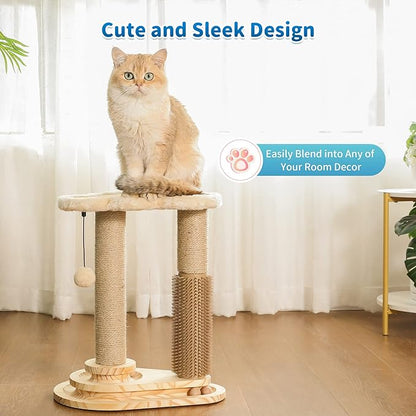 Made4Pets Cat Scratching Post, Cat Self Groomer for Indoor Cats, Cloud Soft Perch for Rest, 17.5" Tall Natural Sisal Scratcher Cat Grooming Interactive Ball Track Toys for Small Cats Kittens - PAWPICO