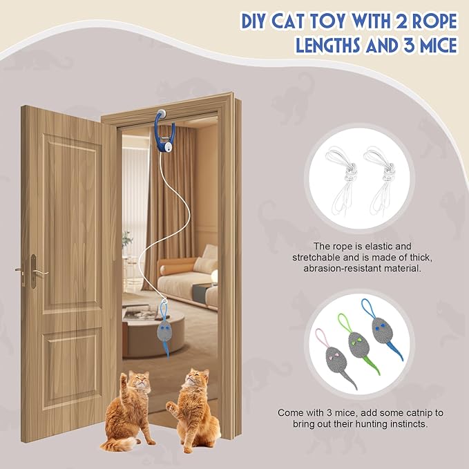 Cat Toy Interactive for Indoor Cats, Smart USB Rechargeable Door Hanging Automatic Retractable Kitten Toys, Teaser Electronic Self Play Feather Cat String Toys Attached with 3 Catnip Mice Blue - PAWPICO