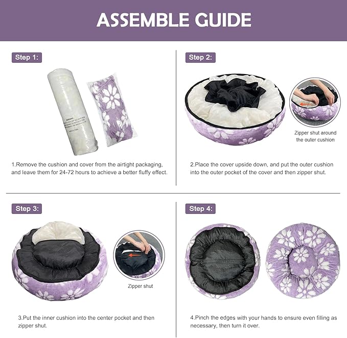 Donut Dog Beds for Small Dogs, Calming Round Cat Beds for Indoor Cats, Cute 3D Textured Flower Pet Bed with Removable Washable Cover and Anti-Slip Bottom（Purple，23"） - PAWPICO