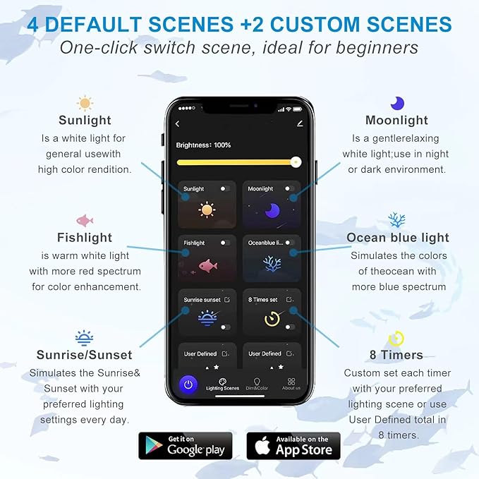Smart Aquarium Light, LED Aquarium Light with App Control, Full Spectrum Fish Tank Light,24/7 Lighting Cycle, 5 Modes,Adjustable Timer,8 Colors,60W Fish Tank Light for 48"-55" Freshwater Planted Tank USDGTKN