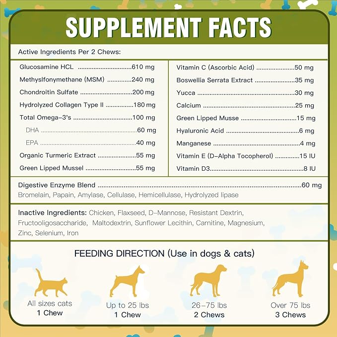 Glucosamine for Dogs, Hip and Joint Supplement for Dogs with Chicken Flavor, Anti Inflammatory, Dog's Chondroitin, Digestive Enzymes, Omega-3, Vitamin D, MSM, Calcium, Turmeric, 120 Freeze-Dried Chews DRFOSTER