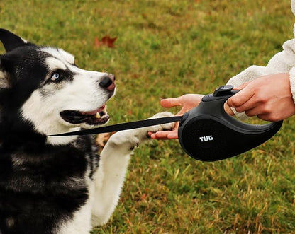 TUG 360° Tangle-Free Retractable Dog Leash with Anti-Slip Handle | 16 ft Strong Nylon Tape | One-Handed Brake, Pause, Lock (Medium, Black/Grey) TUG