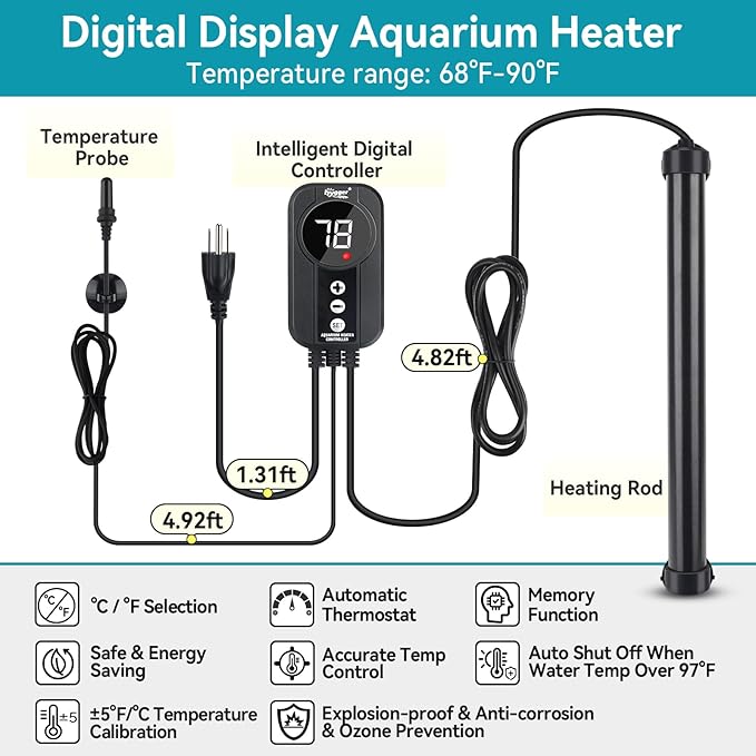 hygger Marine Aquarium Heater 200W,Titanium Heater with Digital LED Controller & Temperature Probe,Submersible Fish Tank Heater with Temperature Calibration,for Saltwater Freshwater Tank 30-40Gallon hygger