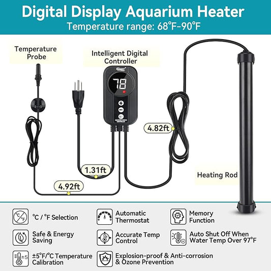 hygger Aquarium Heater 300W,Titanium Heater with Digital LED Controller and Temperature Probe,Submersible Fish Tank Heater with Temperature Calibration,for Saltwater & Freshwater Fish Tank 50-60Gallon hygger