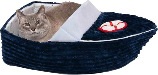 Furhaven Soft & Cozy Cat Bed w/ Catnip Toy for Indoor Cats, Washable w/ Removable Pillow Cushion Insert - Corduroy Boat Bed - Blue, Small - PAWPICO