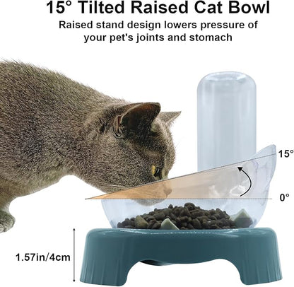 Triple Cat Bowls,15°Tilt 3-in-1 Water Feeder Bowls Cat Double Food Bowls with Automatic Water Bottle Bowl, Whisker Friendly Wet and Dry Cat Elevated Feeding Dishes for Small Cat and Puppy (Navy Blue) - PAWPICO