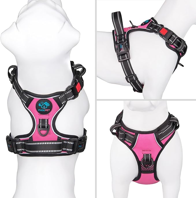 PHOEPET Reflective Dog Harness Large Breed Adjustable No Pull Vest with Handle 2 Metal Rings 3 Buckles [Easy to Put on & Take Off](L, Pink) - PAWPICO