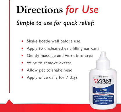 Zymox Otic Enzymatic Solution for Dogs and Cats to Soothe Ear Infections with 1% Hydrocortisone for Itch Relief, 1.25oz ZYMOX