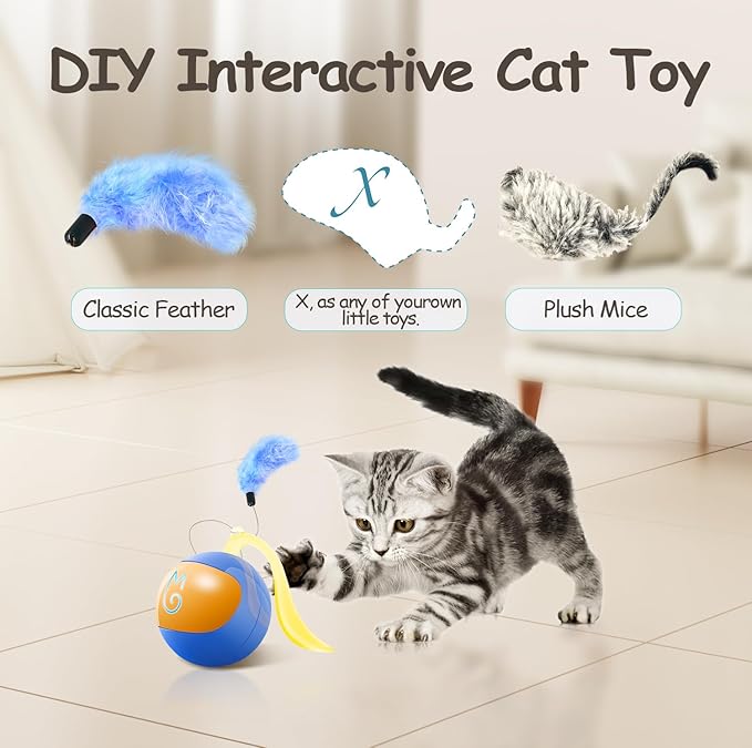 Migipaws Interactive Cat Ball Toy Set, Fun Tracker, Automatic Rolling Chase Ball with Fluffy Tail, A Small Mice, Rechargeable（Blue） - PAWPICO