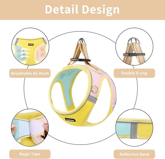 AMTOR Small Dog Harness with Leash Set, No Escape Easy Walk Puppy Harnesses for Training Walking, Step-in Reflective Soft Dogs Vest for XS S Medium Extra-Small Large Sized Dog(Yellow) AMTOR