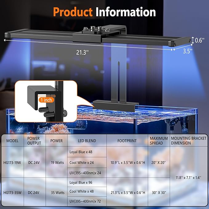 hygger 24/7 Mode Reef Aquarium Light White Blue U-V LEDs with 4 Channels Dimmer Timer Saltwater LED Light for LPS/Soft Coral/Fish Only Tank 12'' 30 Minutes Ramp Up & Down hygger