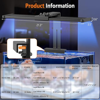 hygger 24/7 Mode Reef Aquarium Light White Blue U-V LEDs with 4 Channels Dimmer Timer Saltwater LED Light for LPS/Soft Coral/Fish Only Tank 12'' 30 Minutes Ramp Up & Down hygger