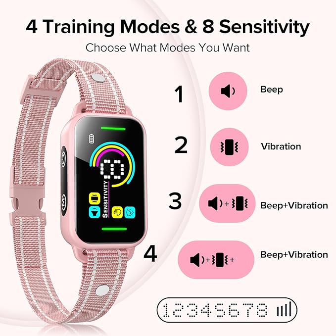 DINJOO Bark Collar, Dog Bark Collar for Large Medium Small Dogs,Smart Bark Collar,Rechargeable Anti Barking Training Collar with 8 Adjustable Sensitivity,Bark Collar with Beep (Pink) - PAWPICO