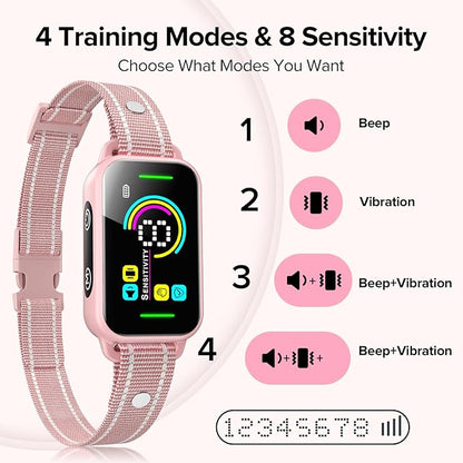 DINJOO Bark Collar, Dog Bark Collar for Large Medium Small Dogs,Smart Bark Collar,Rechargeable Anti Barking Training Collar with 8 Adjustable Sensitivity,Bark Collar with Beep (Pink) - PAWPICO