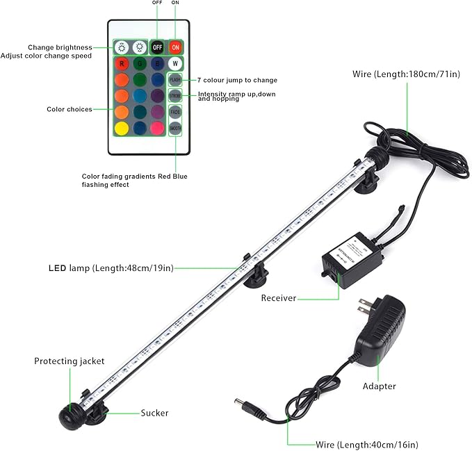 Fish Tank Lights, LED Underwater Aquarium Light, RGB Submersible Aquarium Lights, Waterproof Color Changing Tank Lights Dim Adjustable Remote Control, 19 inch S+SMIFUL