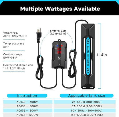 AQQA Aquarium Heater, 300W/500W/800W/1000W Submersible Fish Tank Heater with Rapid Heating Quartz Tubes and Precise Dual Digital Display Controller for Up to 200 Gallon Seawater Freshwater Fish Tank AQQA