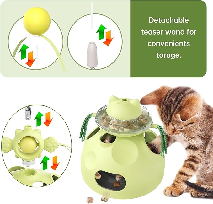 Interactive cat Toys for Indoor Cats, 4 in 1 cat self Moving Toy,Kitten Wand Toy, Spinning Toy, Slow Food Dispenser Feeder Treat Dispensing Feeding pet Supplies Gift (Green) - PAWPICO