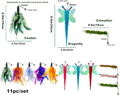 AcceLeah Cat Worm Toy Refills Cats Teaser Toys Wand Replacement,Cat Worms and Dragonfly Refill,Cat Wand Toy Assorted Teaser Refills with Bell (11 Pcs) - PAWPICO