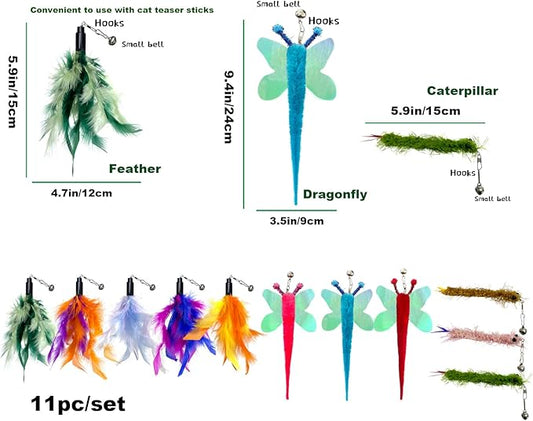 AcceLeah Cat Worm Toy Refills Cats Teaser Toys Wand Replacement,Cat Worms and Dragonfly Refill,Cat Wand Toy Assorted Teaser Refills with Bell (11 Pcs) - PAWPICO