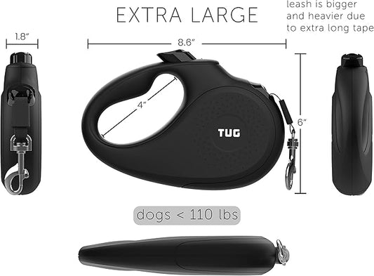 TUG Monochrome XL 360° Tangle-Free Retractable Dog Leash | 26 ft Strong Nylon Tape | One-Handed Brake, Pause, Lock (Extra Large, Black) TUG
