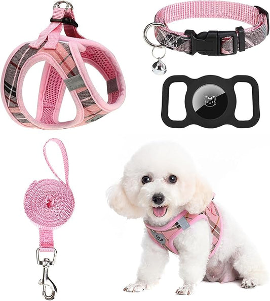 EXPAWLORER Classic Plaid Puppy Harness - Small Dog Harness and Leash Set - Dog Collar and Leash Set with AirTag Holder, Soft Padded Step in Dog Vest Harness No Pull Reflective for Outdoor, Pink M EXPAWLORER