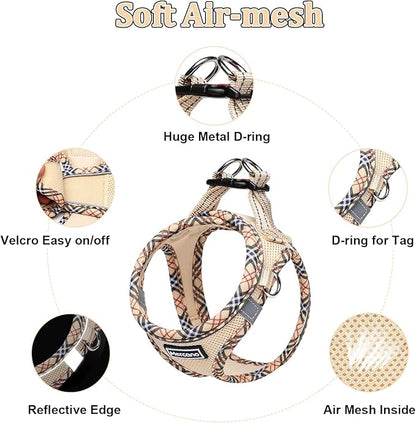 Mercano Soft Mesh Dog Harness and Leash Set, No-Chock Step-in Reflective Breathable Lightweight Easy Walk Escape Proof Vest Harnesses with Safety Buckle for Small Medium Dogs, Cats (Beige, XS) PAWPICO