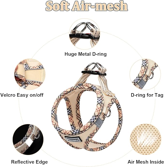 Mercano Soft Mesh Dog Harness and Leash Set, No-Chock Step-in Reflective Breathable Lightweight Easy Walk Escape Proof Vest Harnesses with Safety Buckle for Small Medium Dogs, Cats (Beige, XXS) PAWPICO