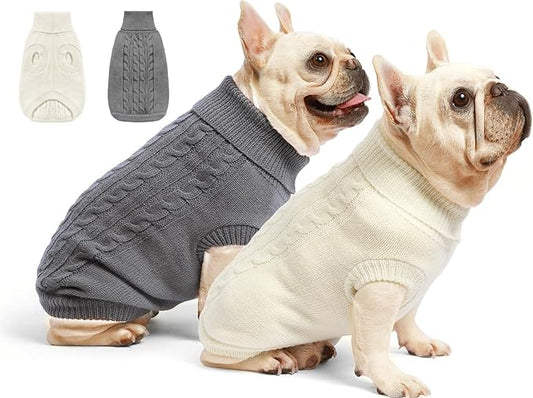 2 Pack Dog Sweaters for Small Dogs - Puppy Medium Warm Clothes in Winter, Turtleneck Pullover Design for Boy Girl Pet, Doggie, Cat, Kitten Chihuahua Bulldog Pug Beagles (M, Grey, Beige) - PAWPICO