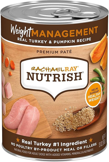 Nutrish Rachael Ray Turkey, Brown Rice & Venison 26 Pounds Dry Dog Food + Weight Management Turkey & Pumpkin 13 Ounce (Pack of 12) Wet Dog Food Bundle - PAWPICO