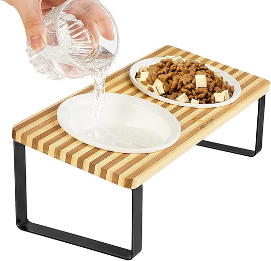 Sunhoo Ceramic Elevated Cat Bowls, Raised Puppy Dishes for Food and Water, Tilted Bamboo Stand for Anti Vomiting, Indoor 5.5 inch Wide Double Dish Orthopedic Anti-Vomiting (Yellow&Brown) - PAWPICO