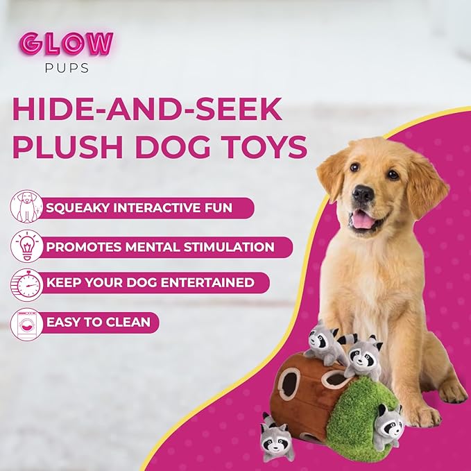 Raccoon in Tree Hide and Seek Dog Toy for Small and Medium Size Dogs, Plush Raccoon Inside Trunk Dog Toy with Squeaker, Interactive Burrow Dog Toy (Tree with Raccoons, Small) - PAWPICO