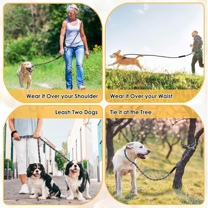 Lukovee Hands Free Dog Leash, 10FT Adjustable Dog Training Leash 1/2 Inch Nylon Heavy Duty Lead No Pull for Large Medium Dogs, Tangle Free Reflective Waist Leash for Dog Walking Running, Black&Gray Lukovee