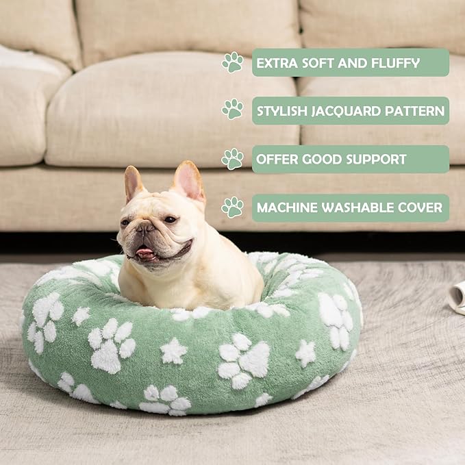 Donut Dog Beds for Small Dogs, Calming Round Cat Beds for Indoor Cats, Cute 3D Textured Paw Pet Bed with Removable Washable Cover and Anti-Slip Bottom（Green，20"） - PAWPICO