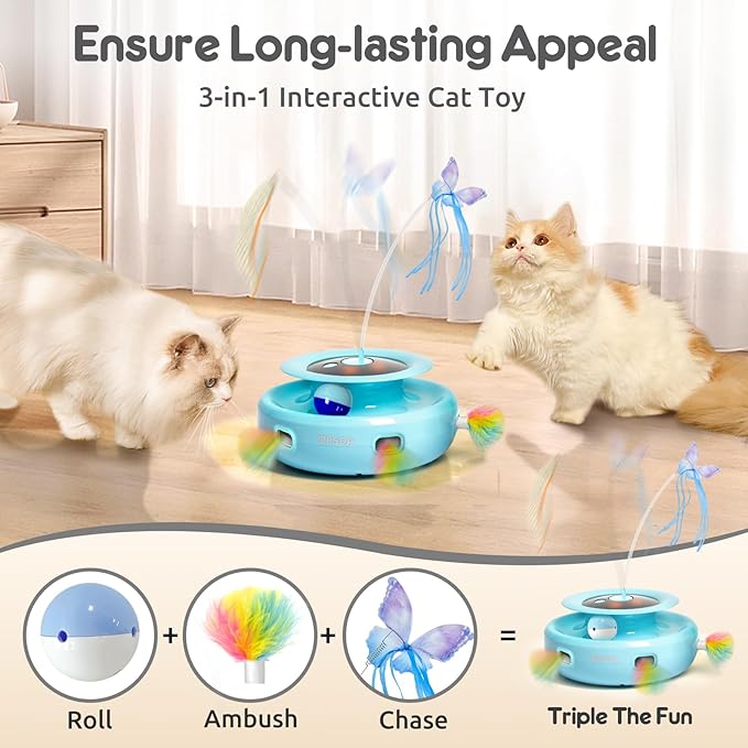 ORSDA Cat Toy, 3-in-1 Automatic Cat Toys for Indoor Cats, Electronic Whack a Mole, Fluttering Butterfly,Track Balls Kitten Toy, Rechargeable Power Interactive Feather Toys for All Breeds - PAWPICO