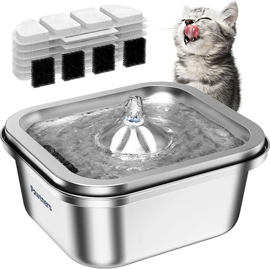 Cat Water Fountain Stainless Steel: 4L/140oz Pet Fountain Water Bowl Indoor, Automatic Dog Drinking Dispenser, Cat Feeding Watering Supplies, Metal Kitty Waterer Fountain, 6 Replacement Filters - PAWPICO