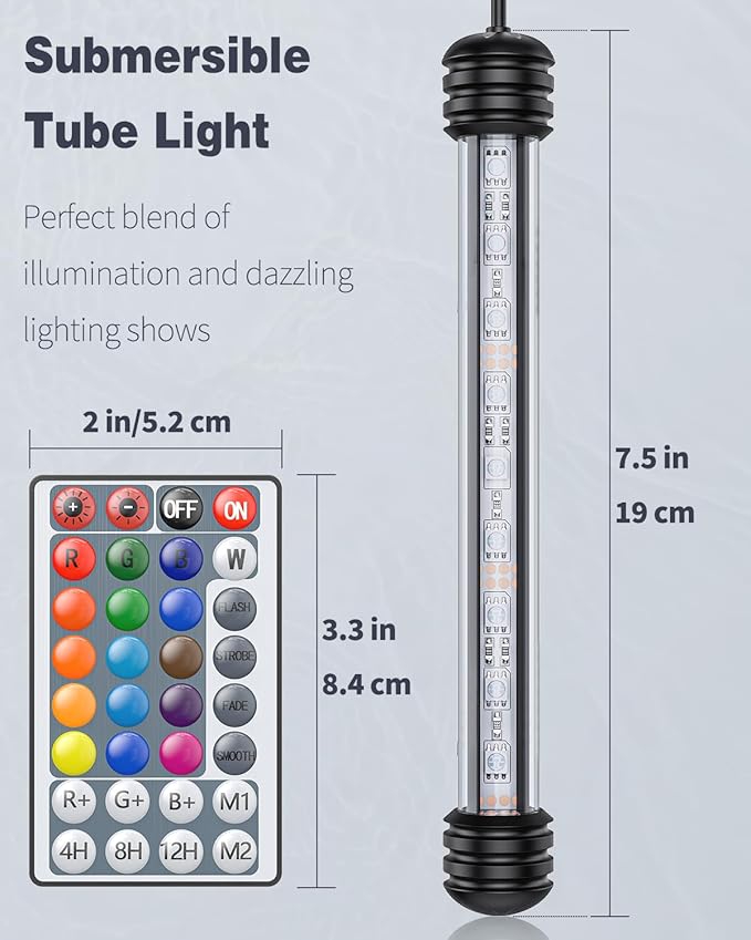 Pawfly 1.8 W Aquarium LED Light 7.5 Inch Underwater Fish Tank Light with Timer Fish Tank Background Light with 4 Lighting Modes Submersible Tube Light with Strong Remote Control (Battery Not Included) Pawfly