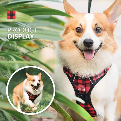 PoyPet No Pull Dog Harness, [Release at Neck] Reflective Adjustable No Choke Pet Vest with Front & Back 2 Leash Attachments, Soft Control Training Handle, Plaid(Checkered Red, M) PoyPet