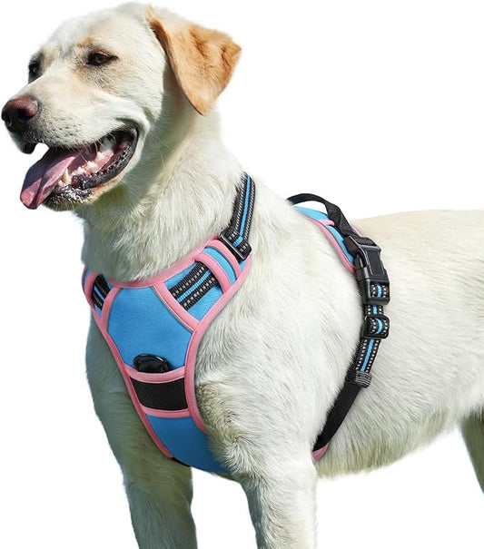 Eagloo Dog Harness for Large Dogs, No Pull Service Vest with Reflective Strips and Control Handle, Adjustable and Comfortable for Easy Walking, No Choke Harness with 2 Metal Rings, Pink & Blue, L GoExplorewithEagloo
