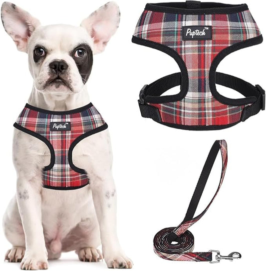 PUPTECK Soft Mesh Dog Harness and Leash Set Pet Puppy Cat Comfort Padded Vest No Pull Harnesses, Red Mixed, S PUPTECK