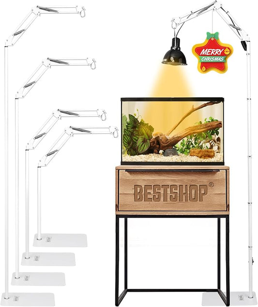 Reptile Lamp Stand, Heat Lamp Stand (15.7 to 74.3 inch) with Adjustable 360° Swing Arm for Terrarium, Reptile Heat Lamp Stand for Bearded Dragons, Turtles, and Chameleons (White) BESTSHOP