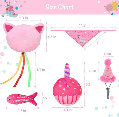 BINGPET Catnip Toys for Indoor Cats, Cat Birthday Hat and Interactive Plush Kitten Chew Toys - Cute Cake, Fish, Balloon Toys with Crinkle Paper and Catnip Inside Pink - PAWPICO