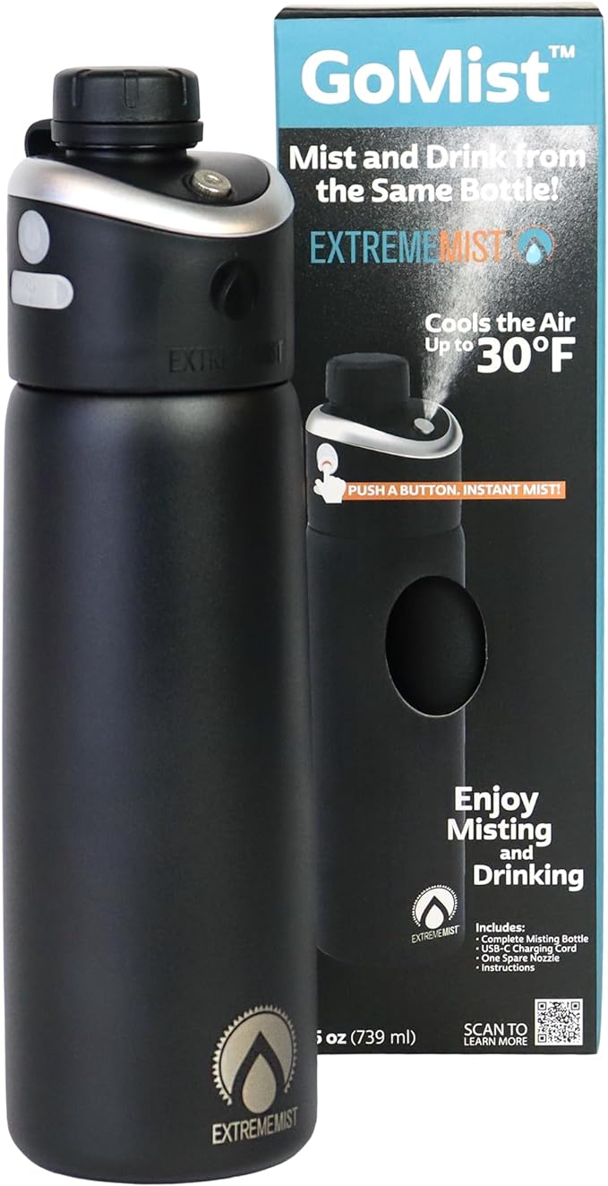 Extreme MIST - GoMist Misting & Drinking Bottle - Personal Mister - Cooling Water Bottle w/Easy-Drink Spout - Stainless-Steel Double Wall Insulated - Portable Mist Bottle - Midnight Black, 25oz/750ml ExtremeMist