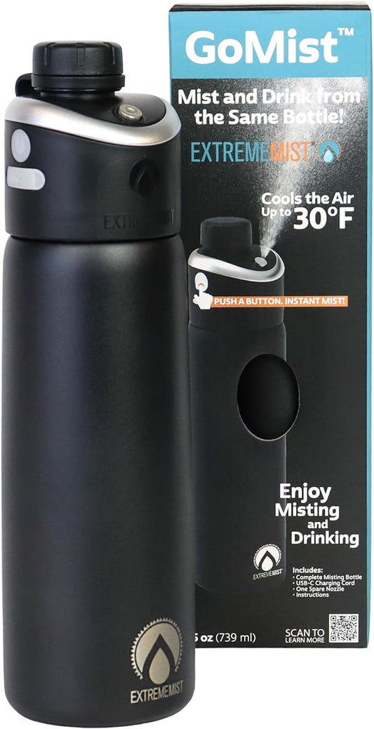 Extreme MIST - GoMist Misting & Drinking Bottle - Personal Mister - Cooling Water Bottle w/Easy-Drink Spout - Stainless-Steel Double Wall Insulated - Portable Mist Bottle - Midnight Black, 25oz/750ml ExtremeMist