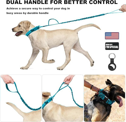 Tactical Dog Collar and Bungee Leash,Military Dog Collar & Leash Set with USA American Flag Adjustable K9 Collar with Heavy Duty Metal Buckle & Handle,with Patches and Airtags Case (Light Blue, M) Celifelight