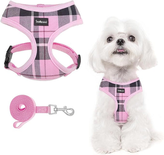 SCENEREAL Puppy Dog Harness with Leash Set for Small Medium Sized Dogs, Soft Mesh Step in Pet Harnesses and Leash, No Chock Plaid Adjustible No Pull Vest for Dogs Cats, Chihuahua,Bulldog (Pink XS) SCENEREAL